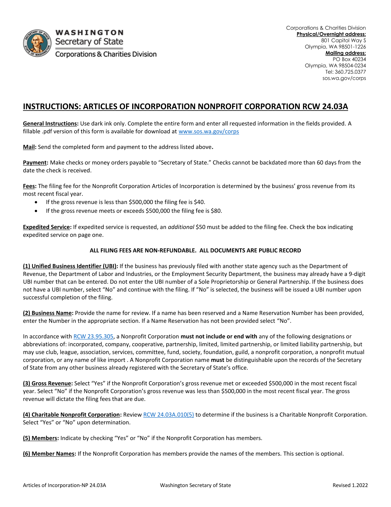 Articles of Incorporation Washington Nonprofit Corporation
