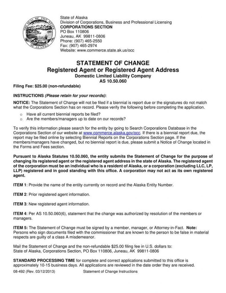 Alaska LLC Statement of Change Registered Agent