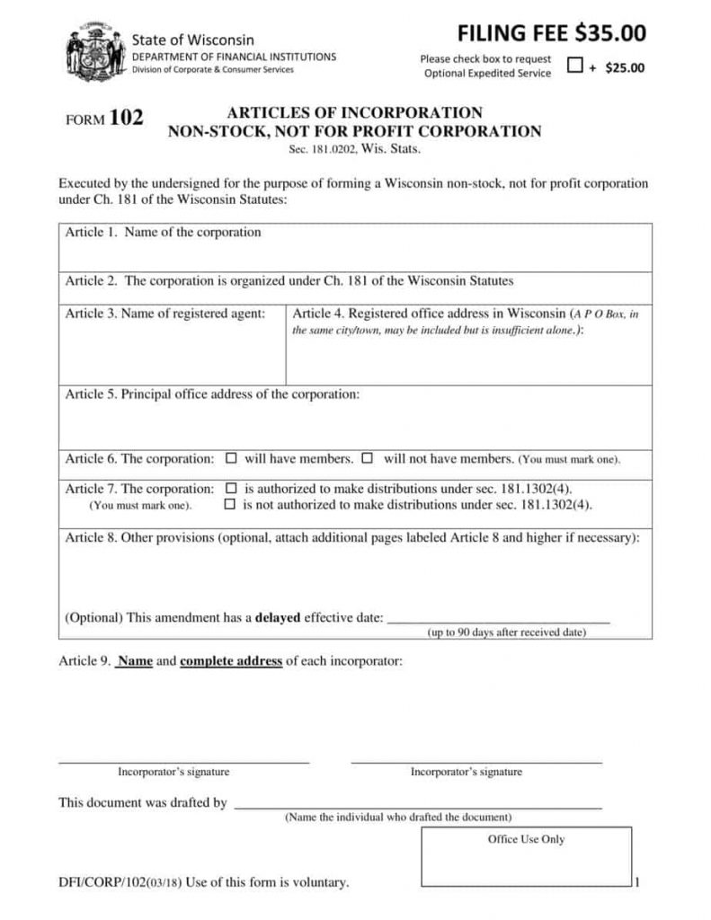 Wisconsin Articles of Incorporation Non-Stock, Not for Profit Corporation