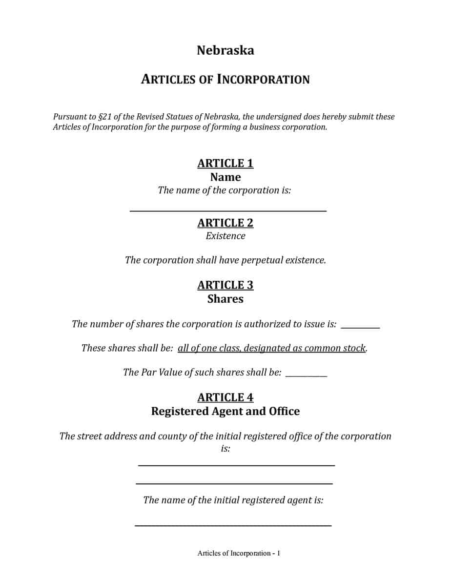 Nebraska Articles of Incorporation (nonprofit)