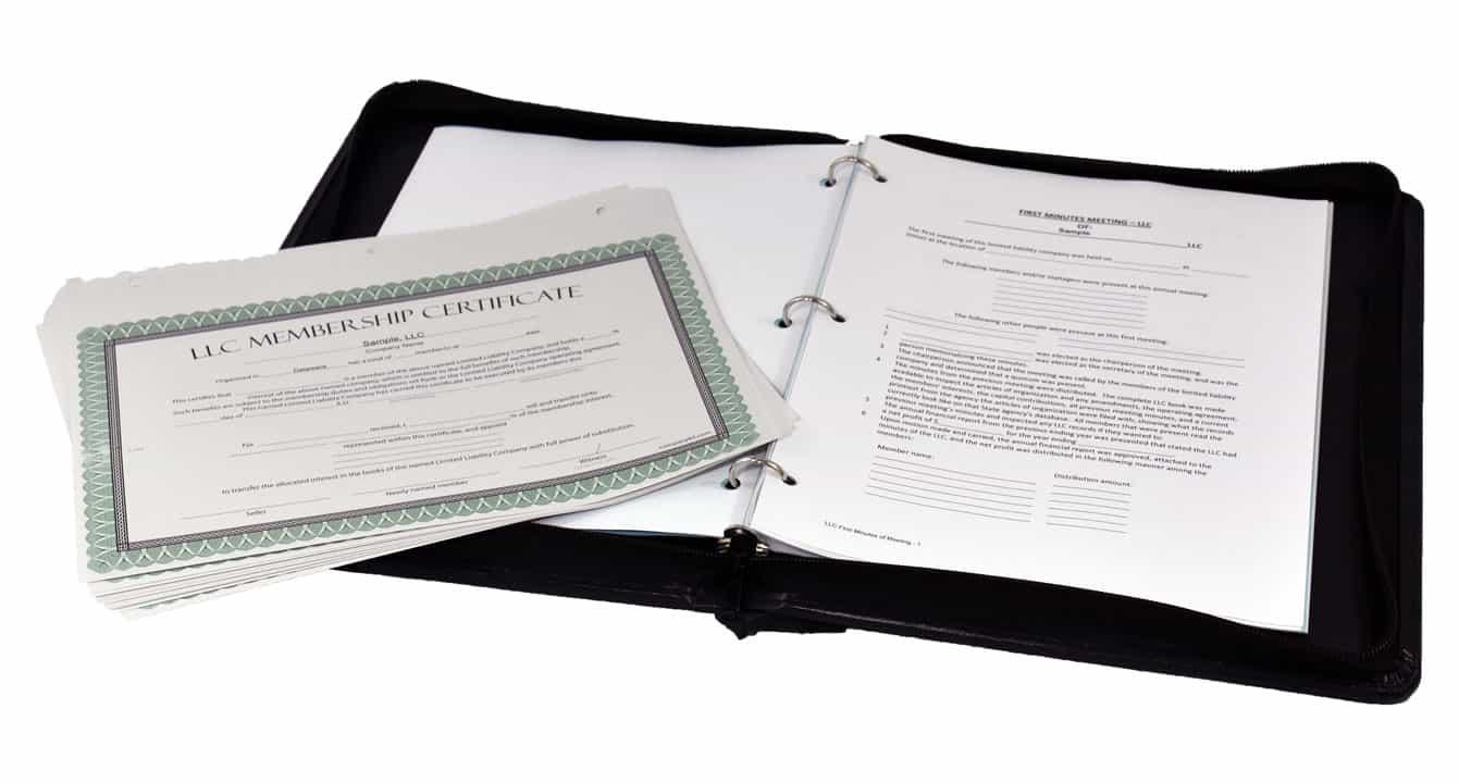 Synthetic black leather corporate binder and printed stock certificates