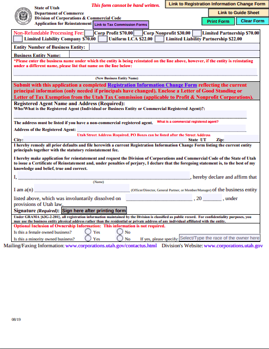 Utah Domestic LLC Reinstatement Form