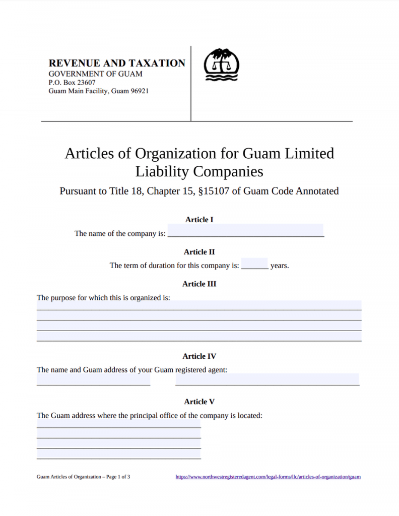 Guam Articles of Organization Template for LLC – Free Download