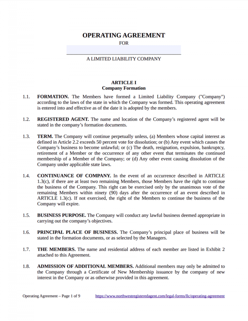 LLC Operating Agreement Template - Free Download