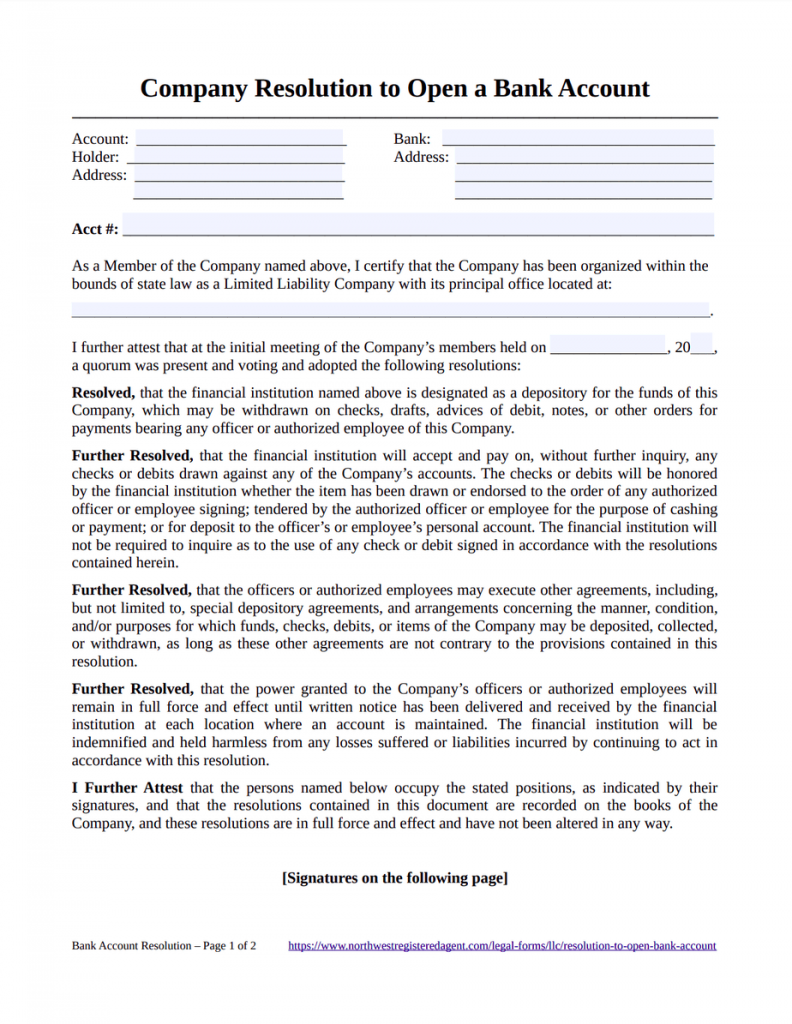 LLC Banking Resolution Form - Free Download