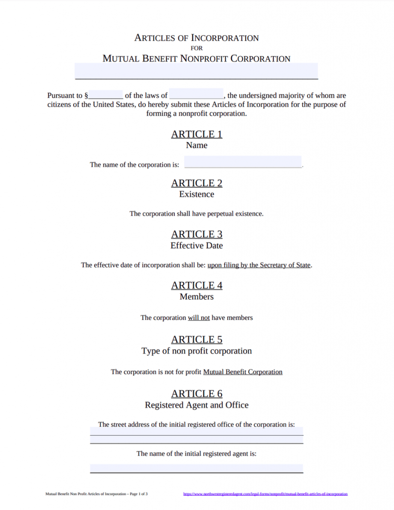 Mutual Benefit Articles of Incorporation Template - Free Download