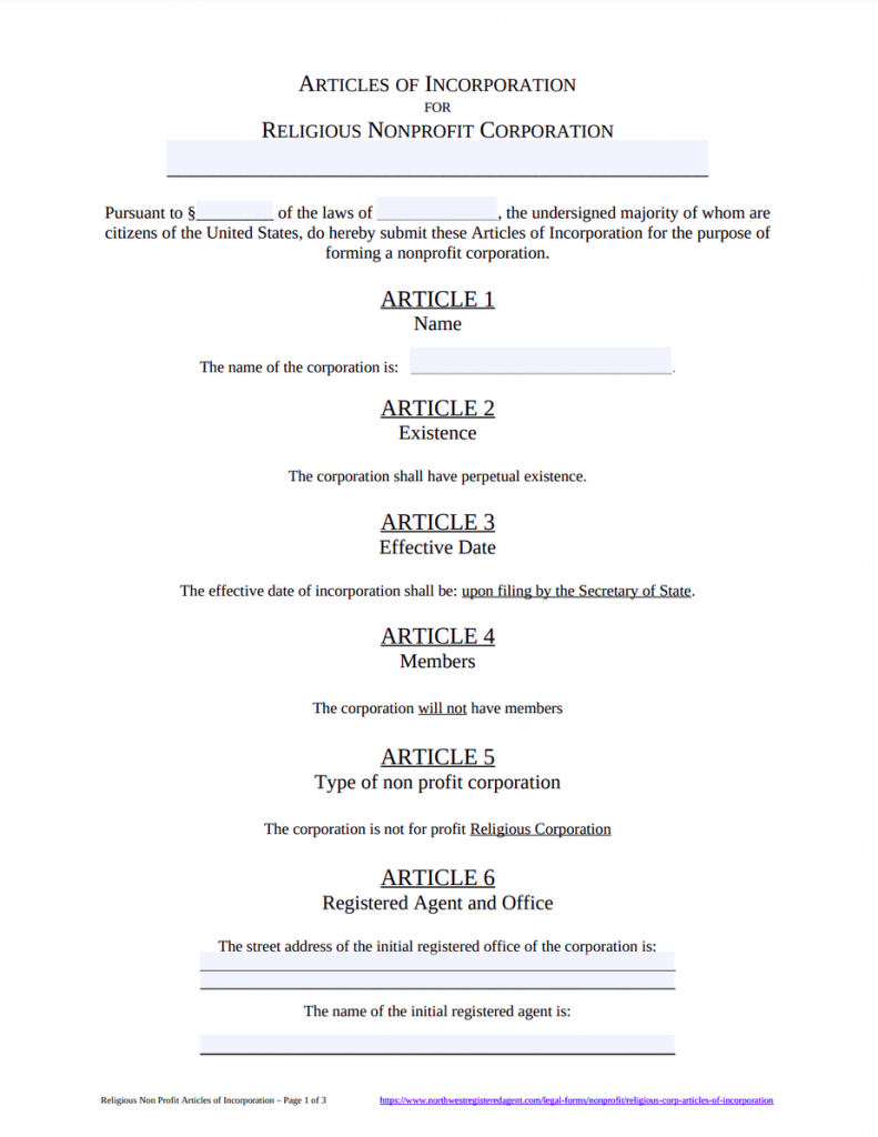 Religious Corporation Articles of Incorporation - Free Download