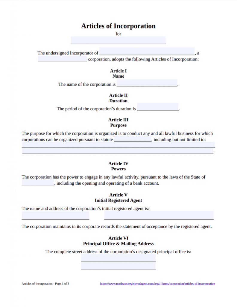 Articles of Incorporation Template - Free Download