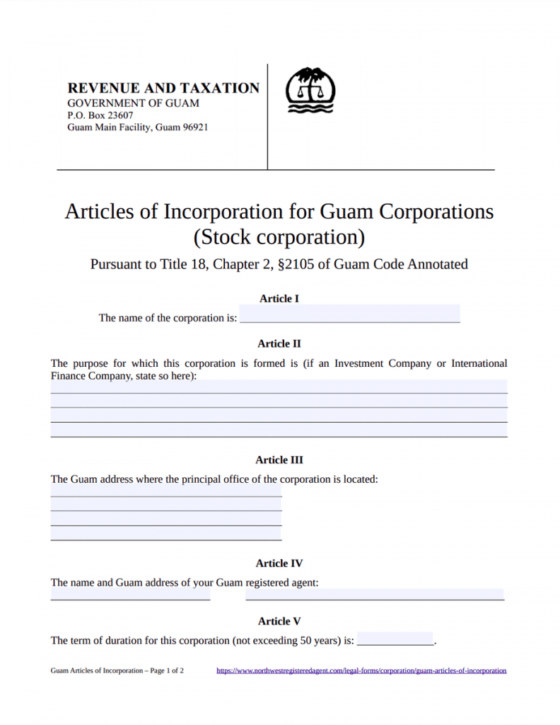 Guam Articles of Incorporation Template - Free Download