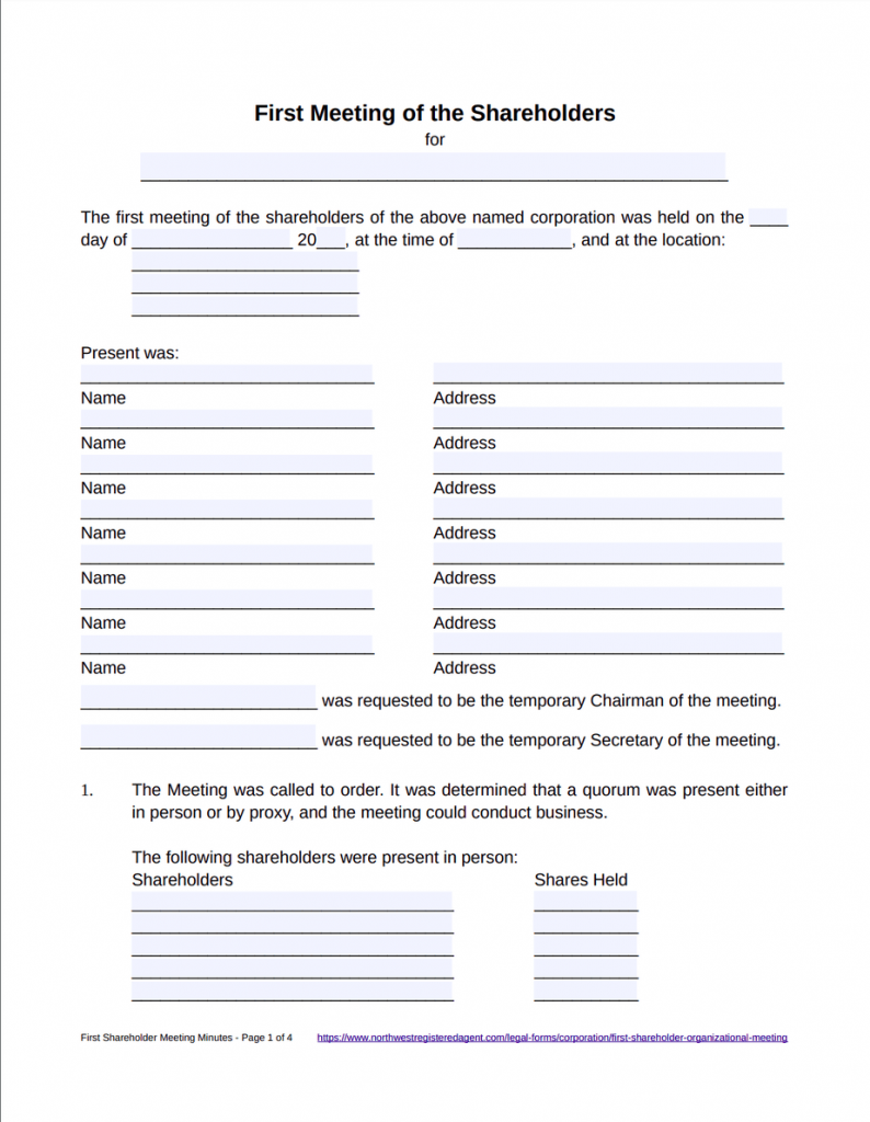 First Shareholder Meeting Minutes Template - Free Download