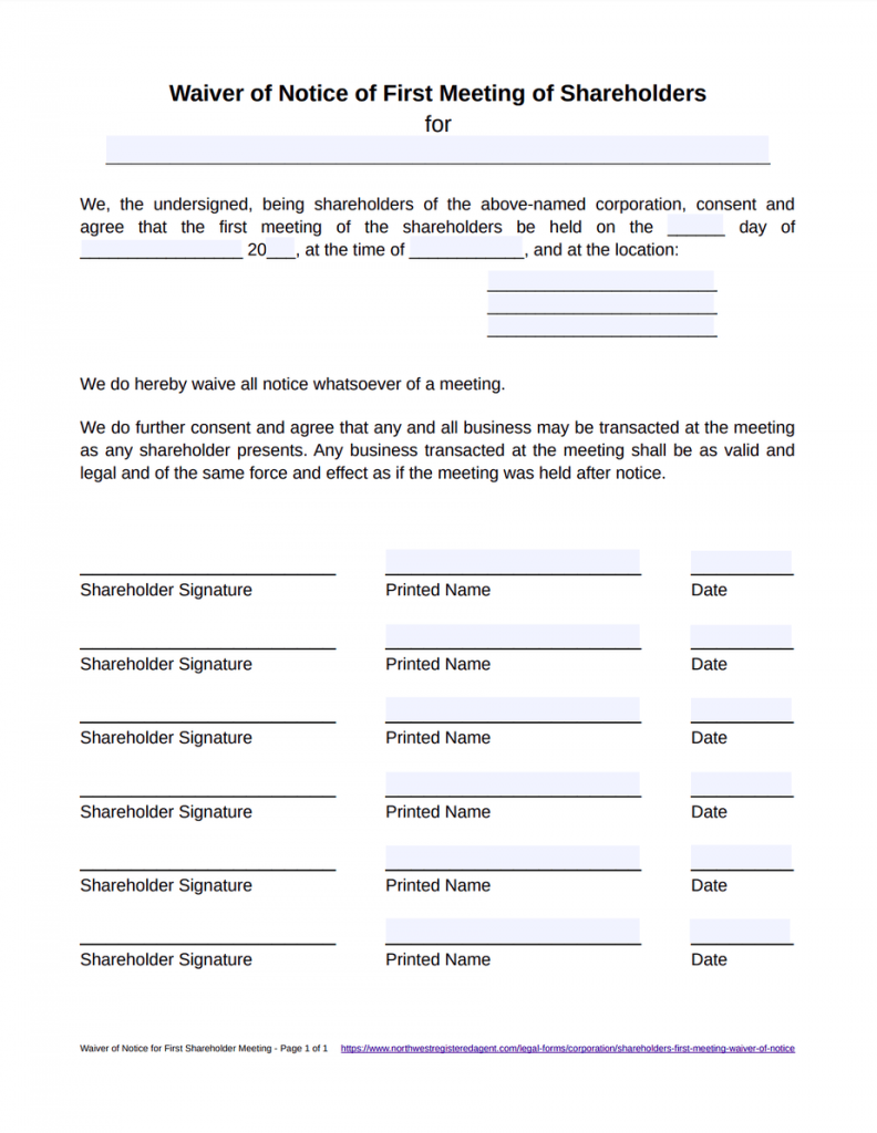 Waiver of Notice of First Meeting of Shareholders Template - Free Download