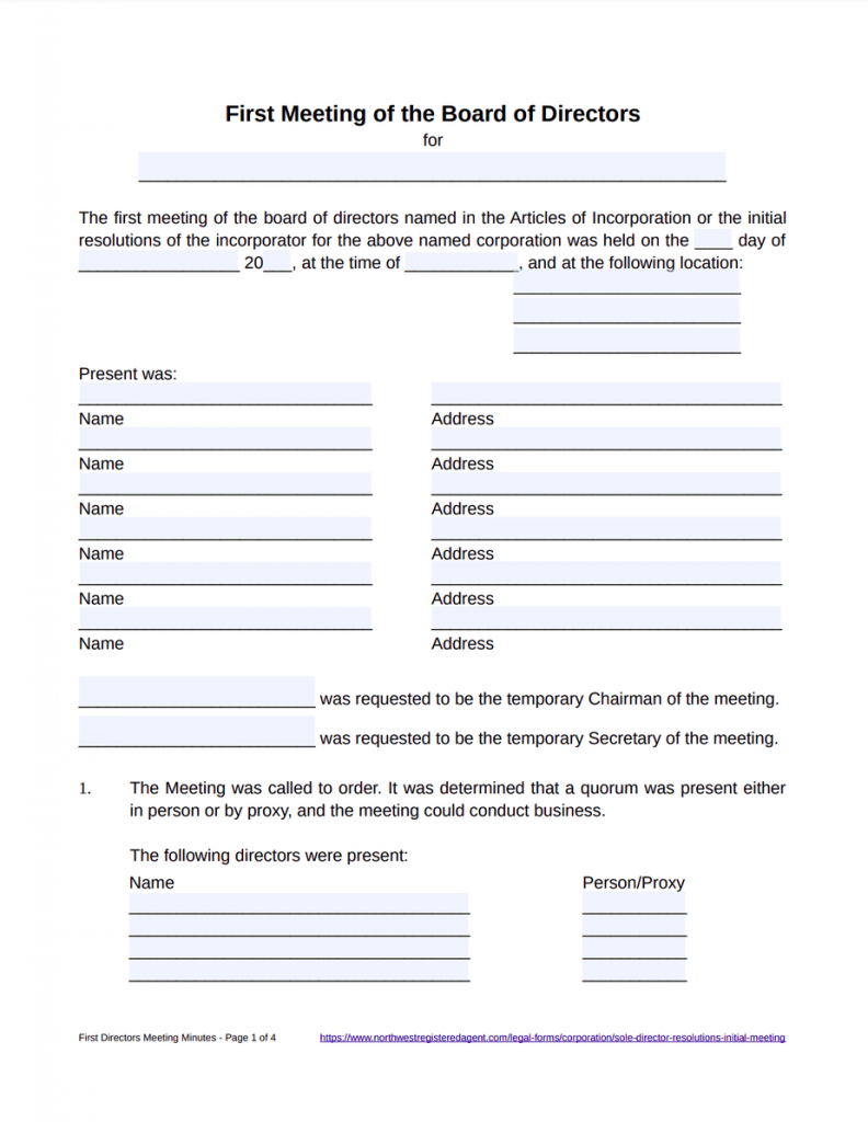 First Board of Directors Meeting Minutes Template - Free Download