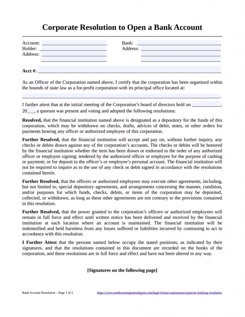 Corporate Resolution to Open Bank Account Template - Free Download