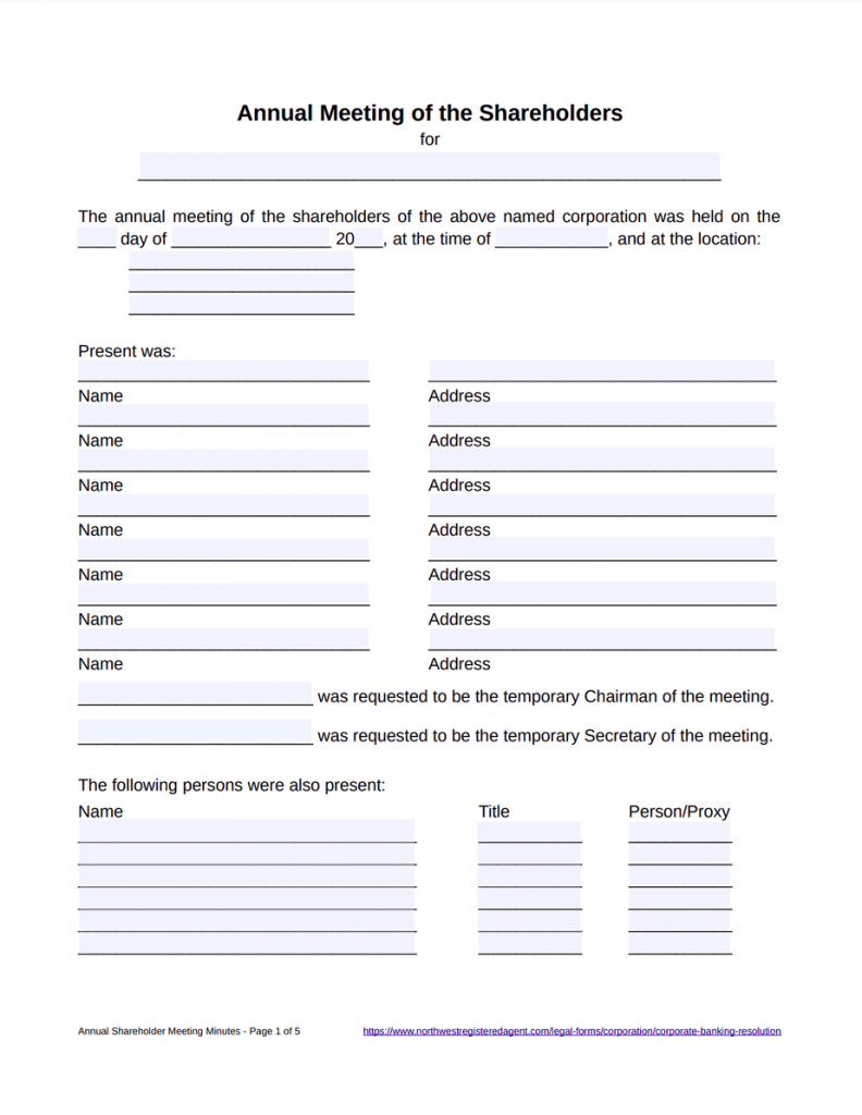 Annual Shareholder Meeting Minutes Template - Free Download