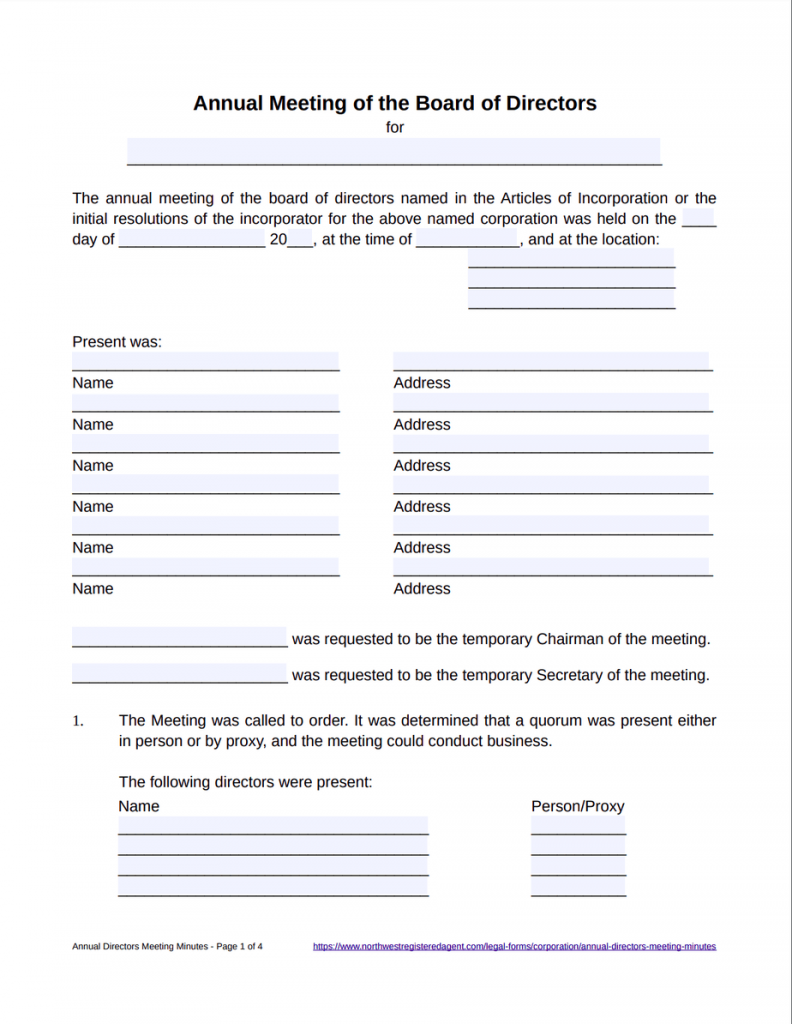 Annual Board of Directors Meeting Minutes Template - Free Download