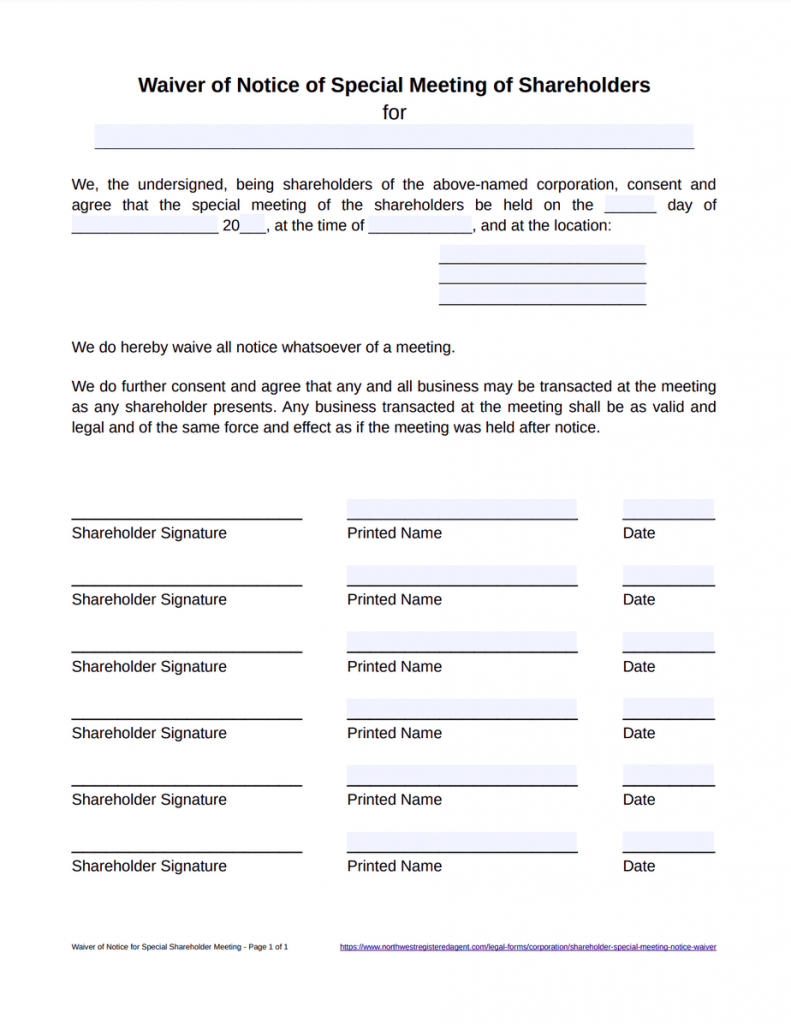 Waiver of Notice of Special Meeting of Shareholders Template - Free Download