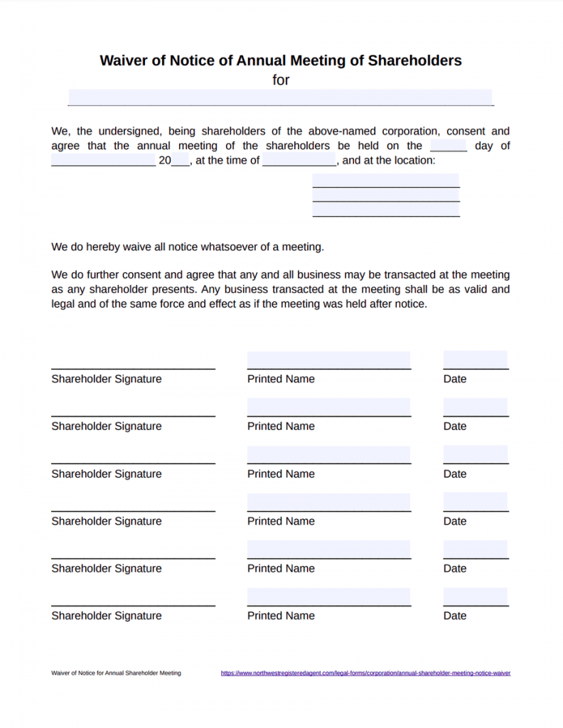 Waiver of Notice for Annual Meeting of Shareholders Template - Free Download