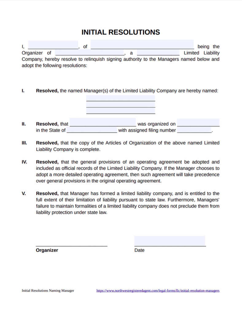 Manager-Managed LLC Initial Resolutions