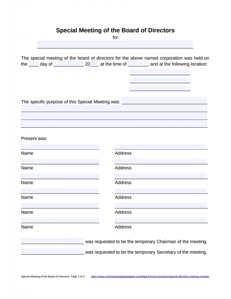 Special Meeting Minutes of Directors