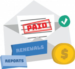 An open gray envelope with a document stamped "paid" inside of it and a green check mark, a gold coin with a dollar sign, and small blue banners reading "renewals" and "reports."