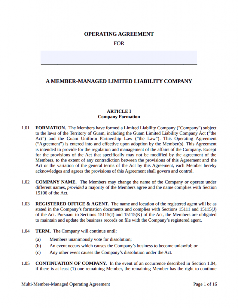 Multi-Member LLC Operating Agreement Guam