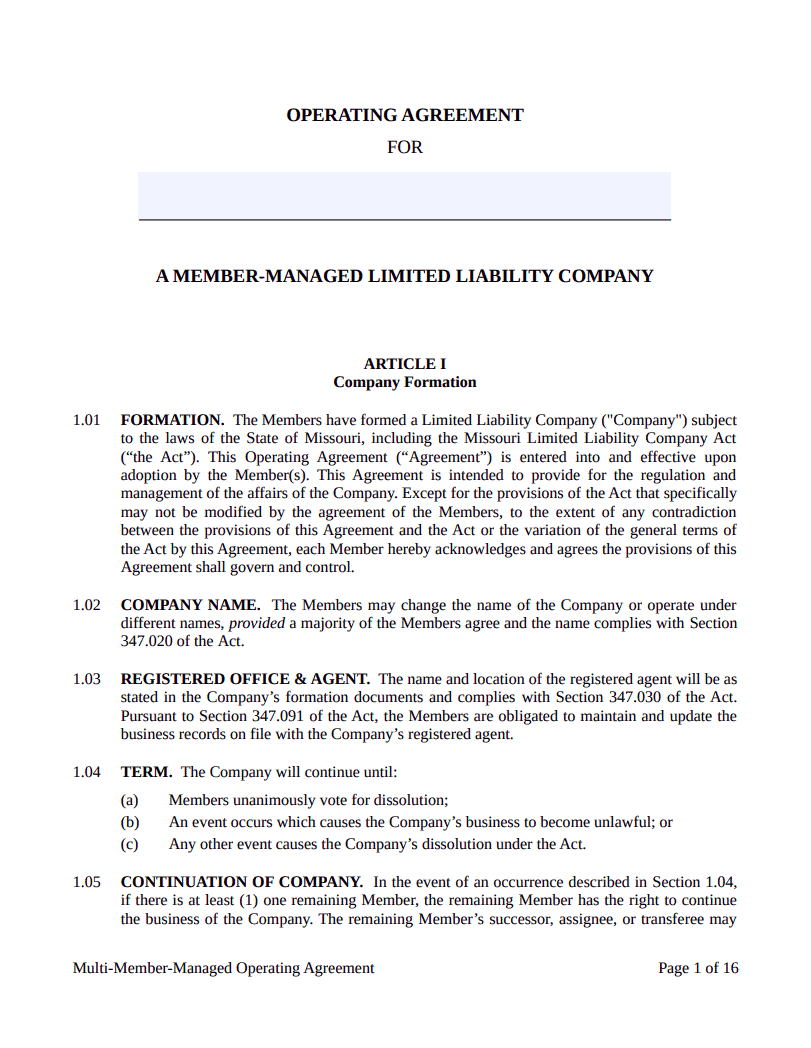Missouri Operating Agreement Northwest Registered Agent