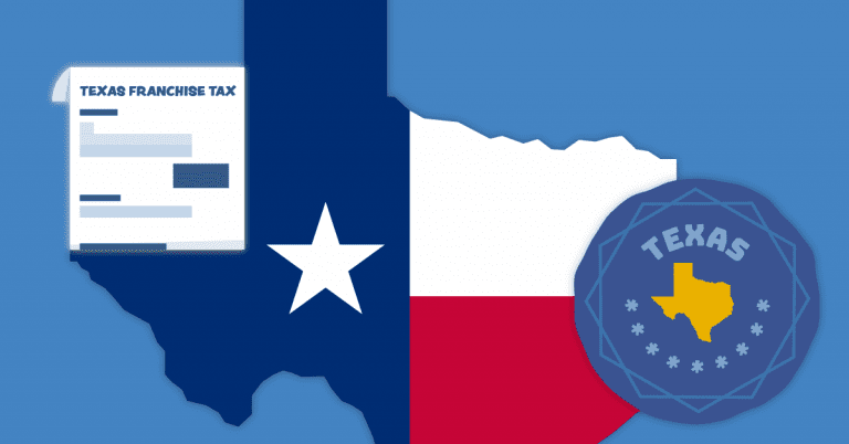 Graphic of texas with a texan flag and icons indicating to pay tax