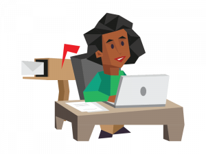 A woman in a green shirt sits at a desk with a laptop as a mailbox stands behind her.