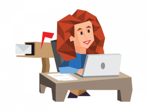 A woman in a blue shirt sitting at desk with laptop and mailbox behind her.