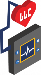 A heart monitor connected to a red heart shape with the text "LLC."