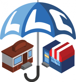 An open blue umbrella with the letters LLC on the top covers 2 stores.