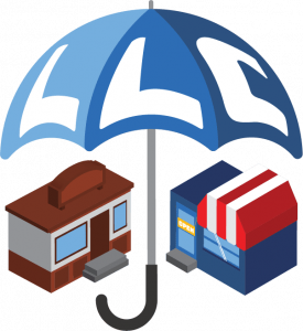 An open blue umbrella with the letters LLC on the top covers 2 stores and a filing cabinet.