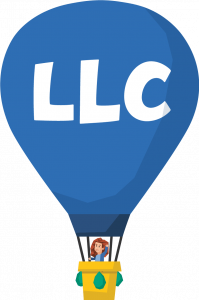 A woman sitting in a purple hot air balloon marked "LLC."