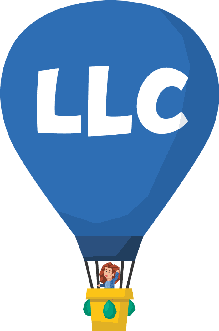 A blue hot air balloon with the word "LLC" written on it, and a woman waving from the basket below.