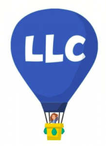 A woman sitting in a purple hot air balloon marked "LLC."