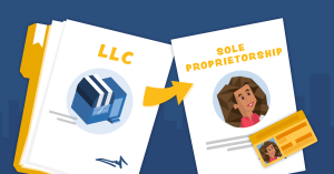 File folder with the word "LLC" and a picture of a building, with an arrow pointing from it to a paper with the words "sole proprietor," an image of a woman, and an identification card with her same photo.