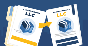 A folder and stack of papers reading "manager-managed LLC" with a yellow arrow pointing to another stack of papers reading "member-managed LLC"