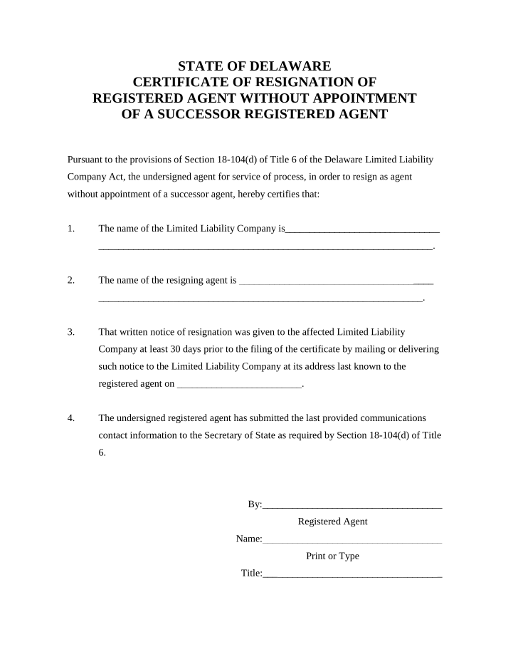 Delaware Certificate of Resignation of Registered Agent Without Appointment of A Successor Registered Agent