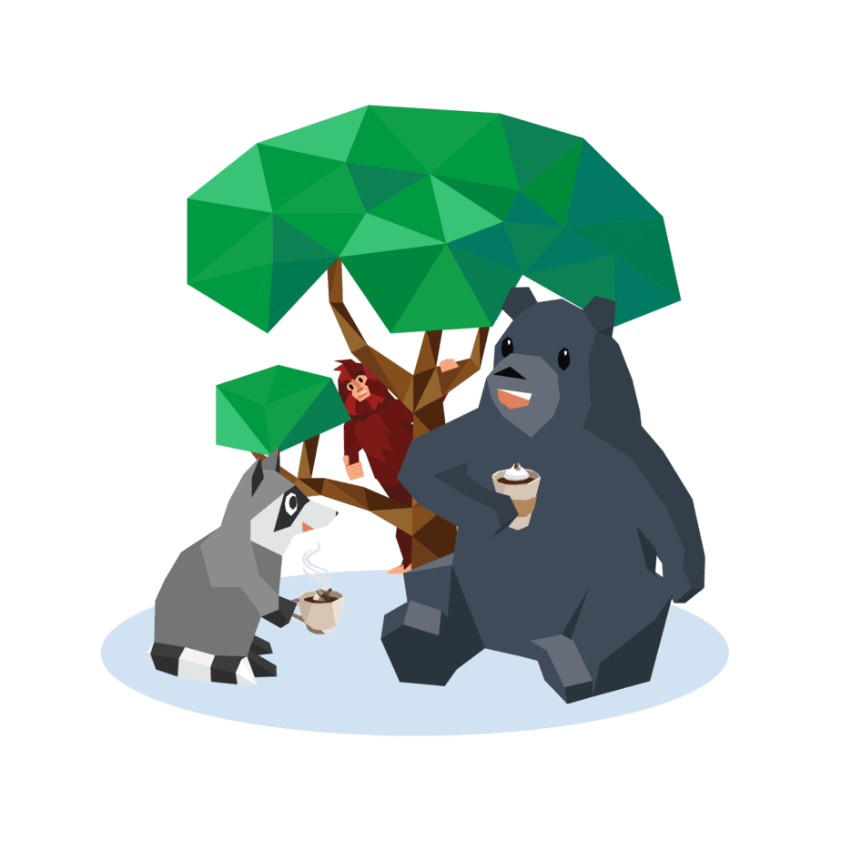 Bear and Raccoon enjoying coffee with Sasquatch behind a tree