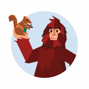 A smiling Sasquatch holds a squirrel in his palm.