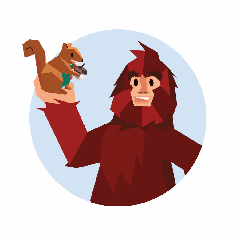A smiling Sasquatch holds a squirrel in his palm.