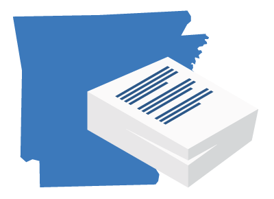 A large blue map of Arkansas positioned behind a stack of white business documents