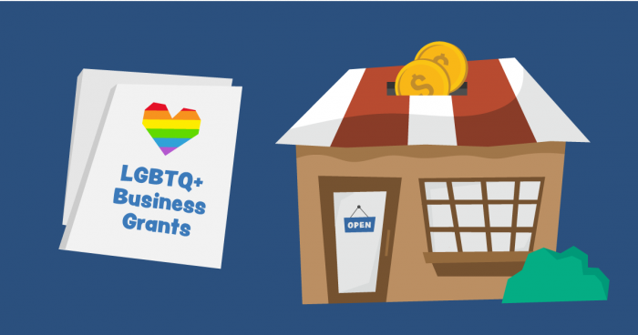 On left, paper with rainbow heart and text "LGBTQ+ Small Business Grants. On right, storefront with gold coins entering a coin slot on the roof.