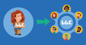 A woman standing in a blue circle holding a sign that says "LLC," next to a green arrow pointing to a circle with "LLC" in the center and six smaller circles surrounding it with people's faces in them.