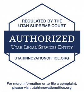 Text reads: REgulated by the Utah Supreme Court "AUTHORIZED UTAH LEGAL SERVICES ENTITY" and links to utahinnovationoffice.org