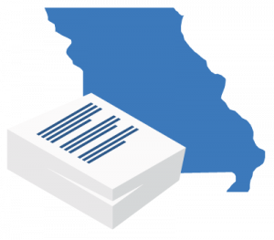 A large blue map of Missouri positioned behind a stack of white business documents