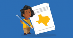 A woman holding a large pen standing in front of a document with a yellow map of Texas on it.