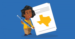 Graphic of a person working on a document with texas on it