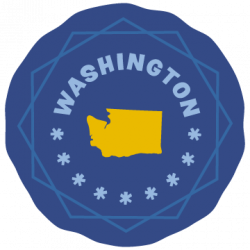 Blue badge with the shape of Washington State in yellow in the center. The word Washington is written above the state