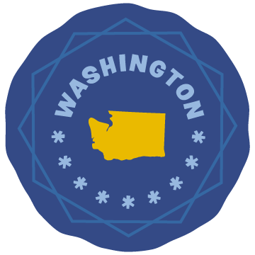 Blue Badge with yellow Washington state outline and the word Washington above it